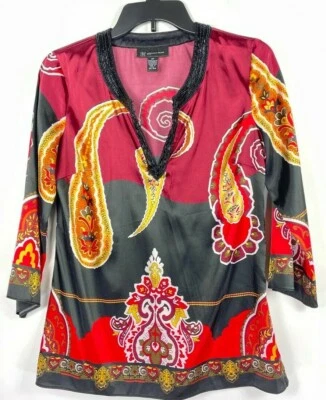 INC Women's Blouse Black Petite Size 4P Split-Neck Paisley Print Stretch $69.    - Image 1 of 4