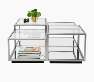Tavolino da Salotto Set Argento Vetro Specchio Tavolo da Salotto 4 Pezzo - Immagine 1 di 4