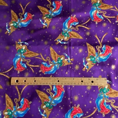 Tela de ángeles dorados vintage de 1,1 años de algodón acolchado púrpura Foto 1 de 4