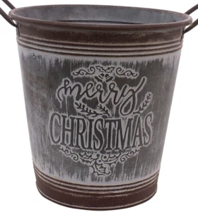 CHRISTMAS BUCKET Tree Base Mini Tree RUSTIC Embossed Metal Merry Christmas - Picture 1 of 2