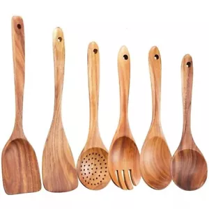 Wooden Spoon Spatula Bamboo Set Kitchen Utensil Cooking Mix Non-Stick Tools 6 Pc - Picture 1 of 6
