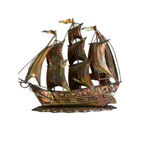 "Arte rústico de metal esculpido barco cobre estaño vintage 10"" hecho en Hong Kong" - Imagen 1 de 7