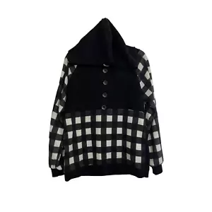 BIBI Black White Buffalo Check Henley Hoodie Pullover Sweatshirt Womens Size M - Picture 1 of 10