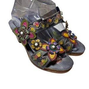 L’Artiste Spring Step Haverb Sandalen 40 US 9 Boho Blumen Leder Blockabsatz - Bild 1 von 13