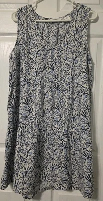 NWOT Sz L Lucky Brand, Floral Print, Tiered Linen Dress, V-Neck, Blue & White - Image 1 of 4