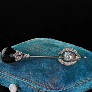 Pin Jabot Antiguo Art Deco Platino y Oro Euro Diamante y Ónix - Imagen 1 de 6