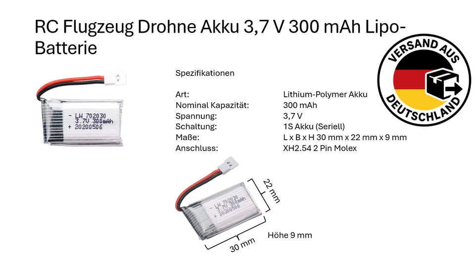 1 Stück 3,7 V 300 mAh 1S Lipo-Batterie, 2 Pin Molex RC Flugzeug Drohne RC - Bild 1 von 1