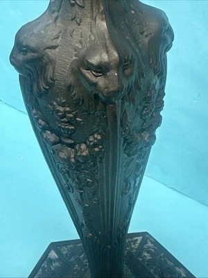 Vintage Art Nouveau  Lion Head Table Lamp Base Cast Iron? Flowers 15 In Swags - Image 1 of 4