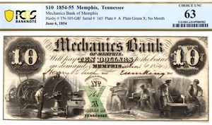 1854 10 $ Mechanics Bank of Memphis, TN Obsolete - PCGS 63! Hervorragend & Selten! - Bild 1 von 5