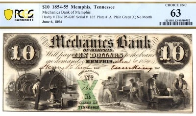 1854 $10 Mechanics Bank of Memphis, TN Obsolete - PCGS 63! Outstanding & Rare! - Image 1 of 4