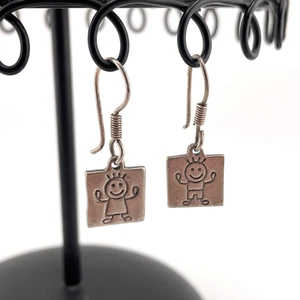 Vintage Sterling Silver Hand Made Boy Girl Square Earrings Hook - Picture 1 of 3