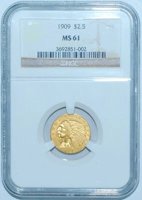 1909 P NGC MS61 $2.50 $2 1/2 Gold Indian Quarter Eagle - Image 1 of 2