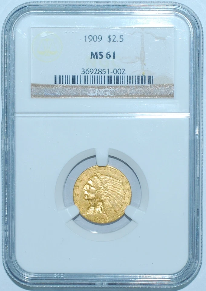 1909 P NGC MS61 $2.50 $2 1/2 Gold Indian Quarter Eagle - Image 1 of 2