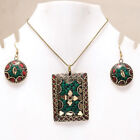 Malachite & Red Coral Gemstone  Handmade Tibetan Pendant Earring Set 17-18"