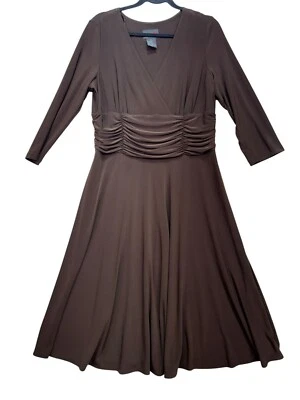 Scarlett Womens Midi Dress Size 14 Brown Ruched Waist 3/4 Sleeves Elegant V-Neck - Image 1 of 4