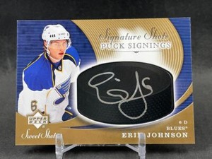 2007-08 UPPER DECK SWEET SHOT ERIK JOHNSON SSP-EJ SHOTS PUCK SIGNINGS AUTO BLUES