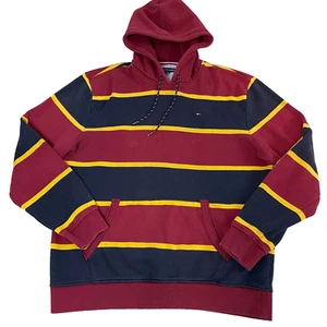 Vintage Tommy Hilfiger Hoodie Mens XL Red Blue Striped Sweater Y2K - Picture 1 of 6