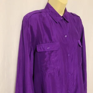 Vintage 90er lila waschbar 100 % Seide Langarm Knopfleiste Bluse Damen Large  - Bild 1 von 7