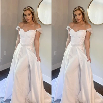 Vestidos de novia satinados sirena tren desmontable blancos fuera del hombro vestidos de novia Foto 1 de 4