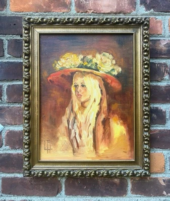 Retrato de mujer en sombrero de sol. Años 70 Firmado por Bev Taylor. Pintura Original Foto 1 de 4