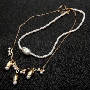 Collar de Gargantilla de Cadena Keshi Blanco Cultivado en Oro Perla de 2 Hebras - Imagen 1 de 6