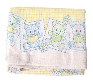 Vintage 80s Baby Blanket Swaddle Receiving Teddy Bears Unisex Yellow Blue Soft - Picture 1 of 4