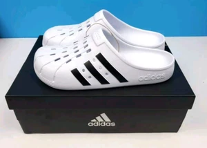 Adidas Adilette Clogs Men's Slides Sandals White Black Stripes Size 12 NEW - Picture 1 of 11