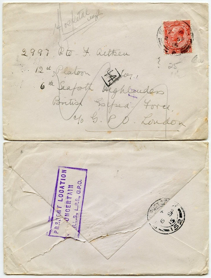 GB WW1 PRESENT LOCATION UNCERTAIN AITKEN HOSPITAL 44 BOXED FPO 1915 - Image 1 of 1