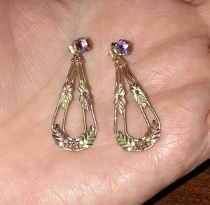 Black Hills Gold 10k 12k Amethyst w/ Pink Green Leaves Convertible Drop Earrings - Picture 1 of 8