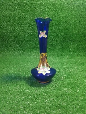 Enesco Japan Hand Painted Floral & Gold Ruffled Rim Cobalt Blue Glass 8” Vase - Image 1 of 4