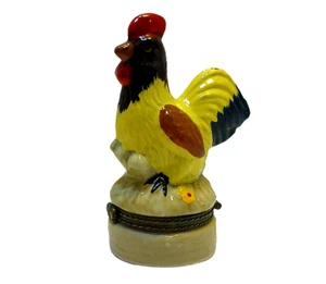 Caja de baratijas de pollo de cerámica amarilla negra roja bronceada caja redonda anillo con bisagras joyería - Imagen 1 de 8