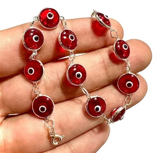 Pulsera Red Evil Eye Plata de Ley 925 10mm Cristal Dije 7.5" Regalo Mujer - Imagen 1 de 6