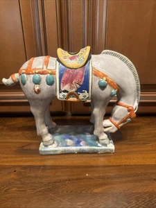 Rare Vintage Porcelain Chinese Tang Style War Horse Statue Signed - Picture 1 of 15