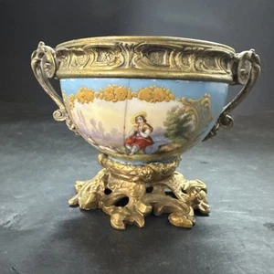 Rare SEVRES Shaving CUP Bronze Mounted WATTEAU PAINTING GOLD DECOR As-is - Picture 1 of 15