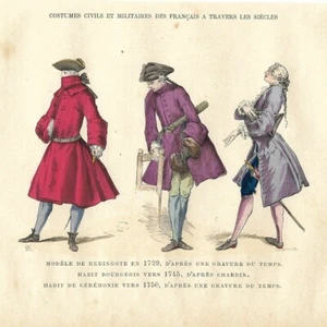 Modèle de redingote en 4729 Habit bourgeois vers 1745 - Gravure de presse 1880 - Picture 1 of 2