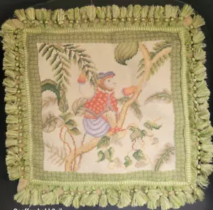 Copricuscino Vintage BORGATA Lusso Lana Punta Ago Lancio Scimmia Verde Nappa 17" - Foto 1 di 7