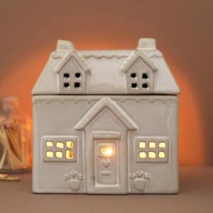White Ceramic House Cottage Wax Melts Essential Oil Burner, Christmas Tea Light