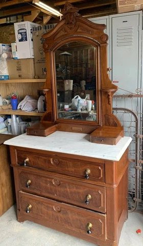 Vintage Marble Top Victorian Dresser With Mirror And Drawers White Swirl Marble Cover