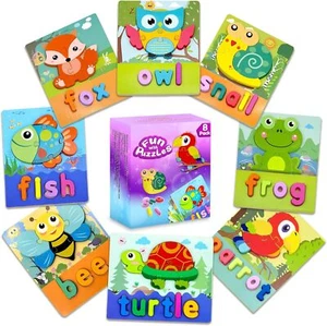 Tier Holzpuzzle mit Buchstaben Rechtschreibung, Montessori Spielzeug für Kleinkinder 1-3 - Bild 1 von 8