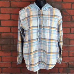 American Eagle Baby Blue Woman's Plaid Button Down Hoodie XXS - Picture 1 of 6