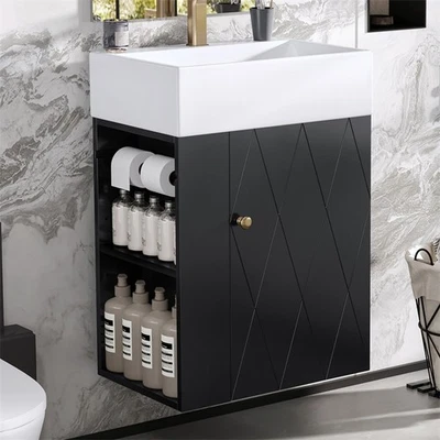 Tocador de baño de 20 pulgadas con fregadero de cerámica, diseño de puerta con patrón de diamante, mango dorado Foto 1 de 4