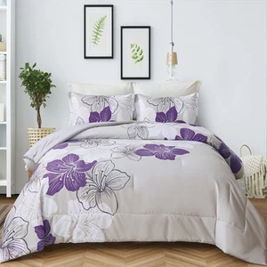 California King Comforter Set Purple Floral Pattern Printed on Grey Cal King ... - Picture 1 of 7