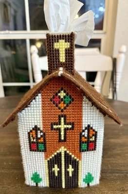 Handmade Needlepoint Tissue Box Cover Church Scene Christmas Kleenex Box Vintage - Image 1 of 4