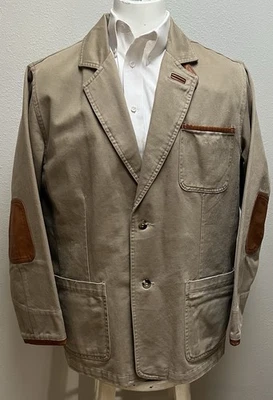 Roundtree & Yorke Outfitters Cotton Canvas Khaki Blazer Chore Coat Elbow Patches - Image 1 of 4