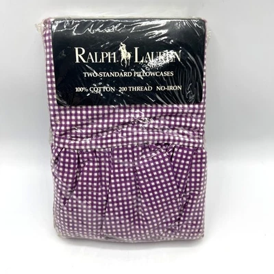 Fronhas Ralph Lauren roxas pequenas xadrez Gingham babado 2 peças vintage década de 1990 - Imagem 1 de 4