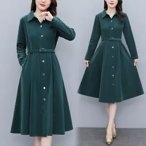 Lady Vintage Style Corduroy Midi Shirt Dress Belted Fit Flare Long Sleeve Button - Picture 1 of 14