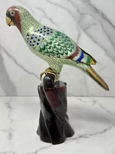 Vintage chinesischer Cloisonné Vogel auf Holzsockel Papagei Sittich 11 cm hoch - Bild 1 von 17
