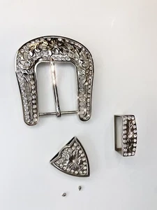3pc Rhinestone Silver Tone Chunky Cowgirl Western Rodeo Belt Buckle Tip Set Lady - Picture 1 of 15