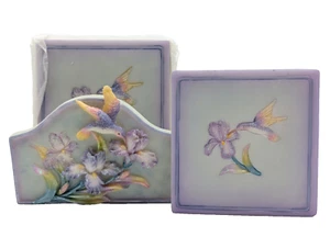 New 3D Hummingbird & Flowers Purple Coaster Set 4 Resin Coasters - Hummingbirds - Afbeelding 1 van 6