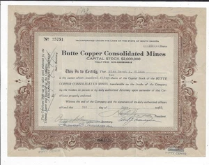 MONTANA 1952 Butte Copper Consolidated Mines Stock Certificate - Picture 1 of 2